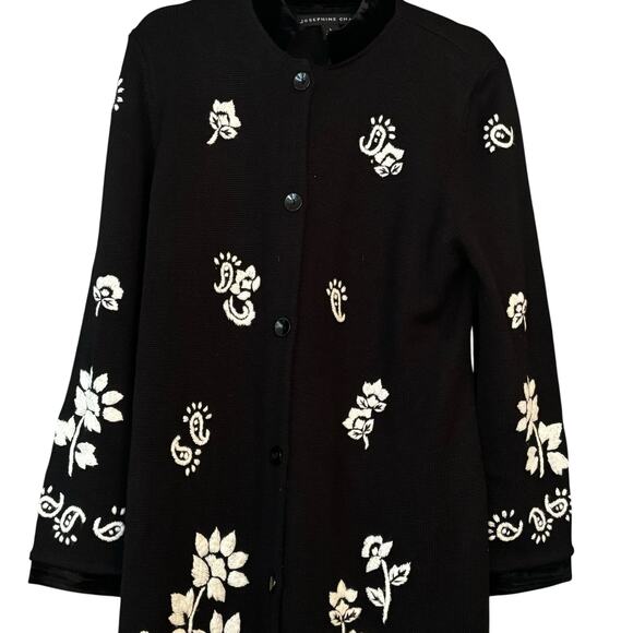 Vintage Josephine Chaus Cardigan Jacket L Black Long Embroidered Velvet Trim - Picture 4 of 16